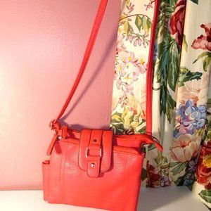 PINK CROSSBODY PURSE WITH SILVER HARDWARE AND WALLET SLOTS ATTACHED